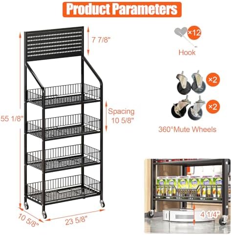4 Tier Supermaket Snack Rack Display Stand, Free-Standing Black Retail Display Shelves with 12 Hooks & 4 Wheels, alternate