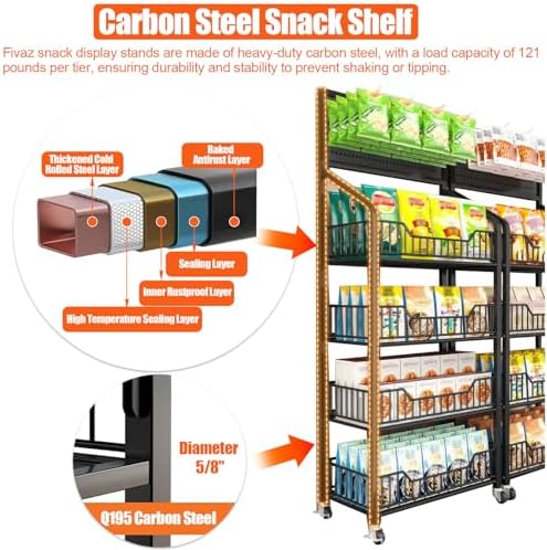 4 Tier Supermaket Snack Rack Display Stand, Free-Standing Black Retail Display Shelves with 12 Hooks & 4 Wheels, alternate