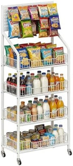 4 Tier Supermaket Snack Rack Display Stand, Free-Standing White Retail Display Shelves with 12 Hooks & 4 Wheels