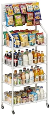 4 Tier Supermaket Snack Rack Display Stand, Free-Standing White Retail Display Shelves with 12 Hooks & 4 Wheels