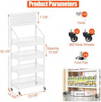 4 Tier Supermaket Snack Rack Display Stand, Free-Standing White Retail Display Shelves with 12 Hooks & 4 Wheels, alternate