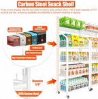 4 Tier Supermaket Snack Rack Display Stand, Free-Standing White Retail Display Shelves with 12 Hooks & 4 Wheels, alternate
