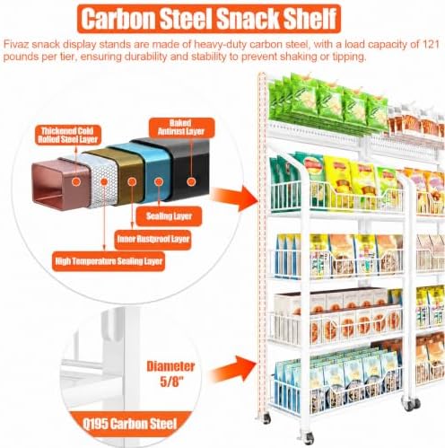 4 Tier Supermaket Snack Rack Display Stand, Free-Standing White Retail Display Shelves with 12 Hooks & 4 Wheels, alternate