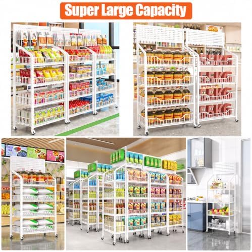 4 Tier Supermaket Snack Rack Display Stand, Free-Standing White Retail Display Shelves with 12 Hooks & 4 Wheels, alternate