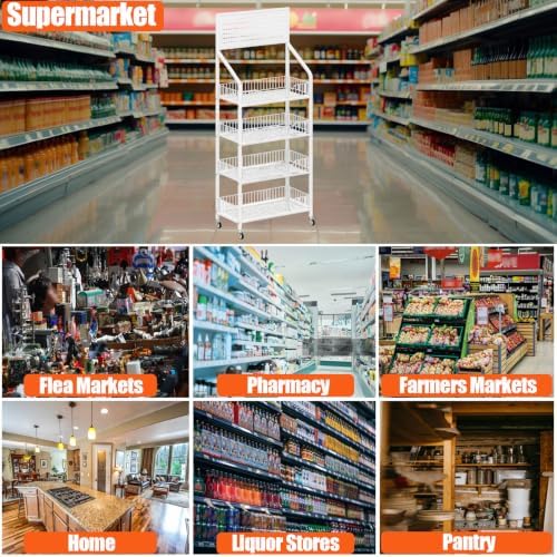 4 Tier Supermaket Snack Rack Display Stand, Free-Standing White Retail Display Shelves with 12 Hooks & 4 Wheels, alternate