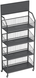 4 Tier Supermaket Snack Rack Heavy Duty, Rolling Retail Display Stand with 15 Hooks & Soild Panel Shelves