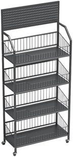 4 Tier Supermaket Snack Rack Heavy Duty, Rolling Retail Display Stand with 15 Hooks & Soild Panel Shelves