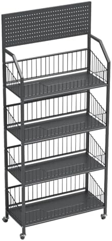 4 Tier Supermaket Snack Rack Heavy Duty, Rolling Retail Display Stand with 15 Hooks & Soild Panel Shelves