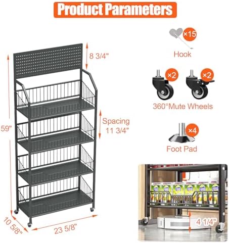 4 Tier Supermaket Snack Rack Heavy Duty, Rolling Retail Display Stand with 15 Hooks & Soild Panel Shelves, alternate view 2