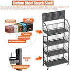 4 Tier Supermaket Snack Rack Heavy Duty, Rolling Retail Display Stand with 15 Hooks & Soild Panel Shelves, alternate view 3
