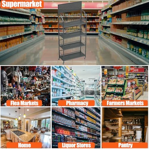 4 Tier Supermaket Snack Rack Heavy Duty, Rolling Retail Display Stand with 15 Hooks & Soild Panel Shelves, alternate view 5