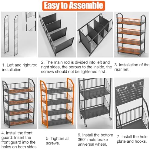 4 Tier Supermaket Snack Rack Heavy Duty, Rolling Retail Display Stand with 15 Hooks & Soild Panel Shelves, alternate view 6