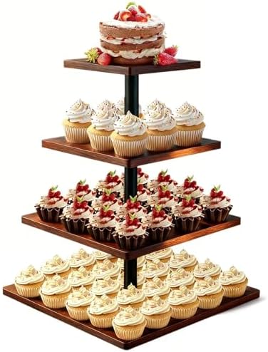 4-Tier Wooden Cupcake Stand - Rustic Cupcake Tower & Dessert Display Stand - Tiered Serving Tray for Cake Table