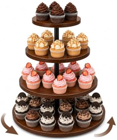 4 Tier Wooden Cupcake Tower, Rotatable Wood Cake Dessert Tower Holder, Round Rustic Tiered Cupcake Serving