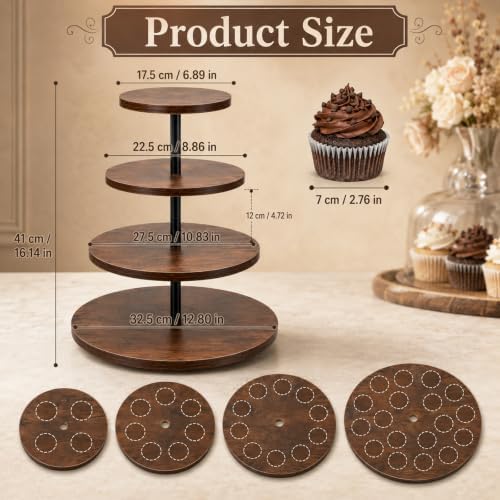 4 Tier Wooden Cupcake Tower, Rotatable Wood Cake Dessert Tower Holder, Round Rustic Tiered Cupcake Serving, alternate view 3