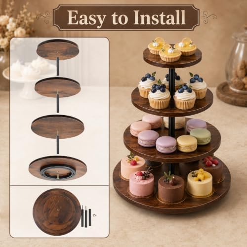 4 Tier Wooden Cupcake Tower, Rotatable Wood Cake Dessert Tower Holder, Round Rustic Tiered Cupcake Serving, alternate view 4