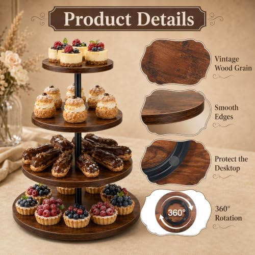 4 Tier Wooden Cupcake Tower, Rotatable Wood Cake Dessert Tower Holder, Round Rustic Tiered Cupcake Serving, alternate view 5