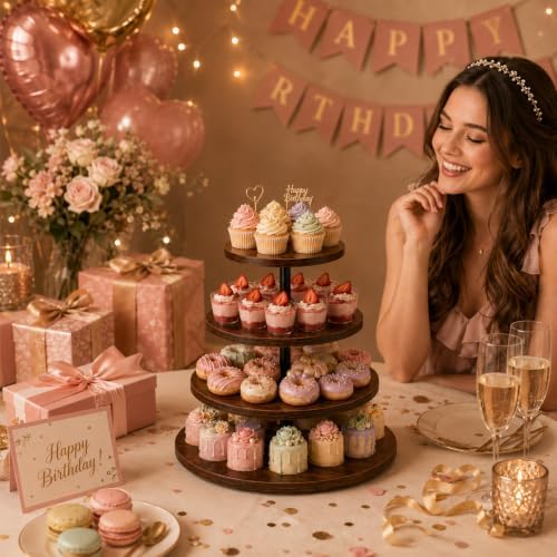 4 Tier Wooden Cupcake Tower, Rotatable Wood Cake Dessert Tower Holder, Round Rustic Tiered Cupcake Serving, alternate view 6