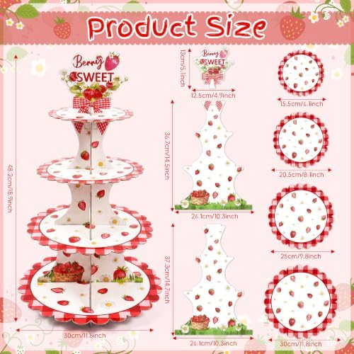 4 Tiered Strawberry Cupcake Stand - Girl Birthday Party Decorations in Red, white, alternate view 3