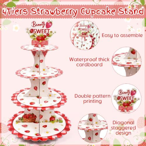 4 Tiered Strawberry Cupcake Stand - Girl Birthday Party Decorations in Red, white, alternate view 4