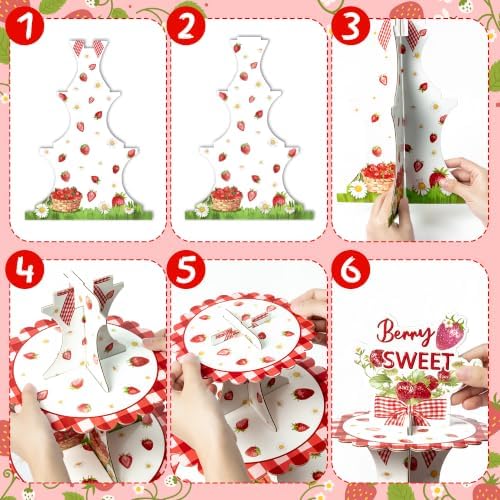 4 Tiered Strawberry Cupcake Stand - Girl Birthday Party Decorations in Red, white, alternate view 5