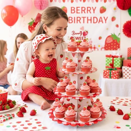 4 Tiered Strawberry Cupcake Stand - Girl Birthday Party Decorations in Red, white, alternate view 6