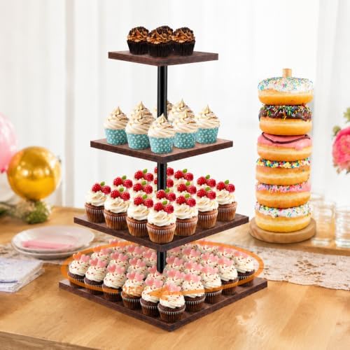 4 Tire Cupcake Stand with 1 Donut Stand,360 Rotating Cupcake Stand for 50 Cupcakes, Square Cupcake Holder