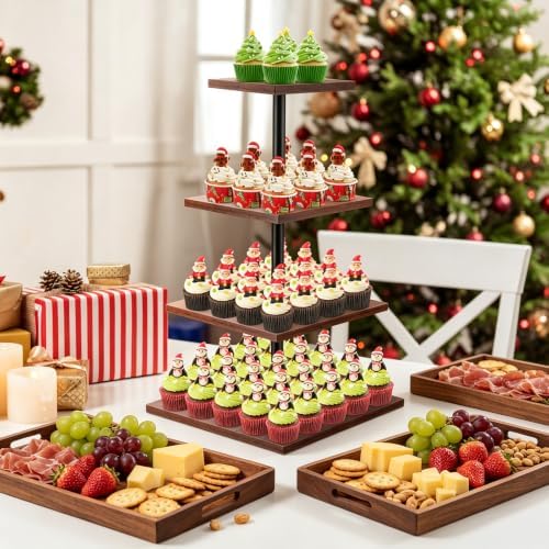 4 Tire Cupcake Stand with 1 Donut Stand,360 Rotating Cupcake Stand for 50 Cupcakes, Square Cupcake Holder, alternate view 4
