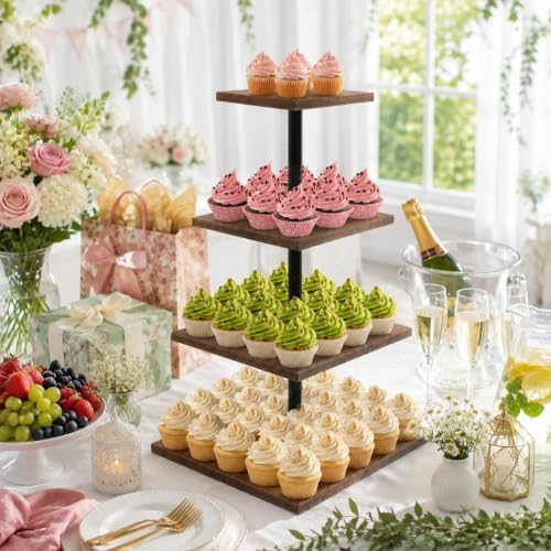 4 Tire Cupcake Stand with 1 Donut Stand,360 Rotating Cupcake Stand for 50 Cupcakes, Square Cupcake Holder, alternate view 5