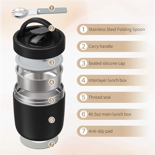 40.5oz Thermo for Hot Food Adults, Soup Thermo Lunch Containers with Wide Mouth & Spoon, Stainless Steel Vacuum, alternate
