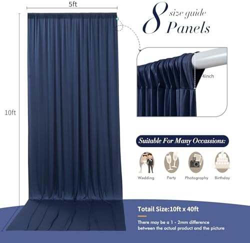 40 ft x 10 ft Wrinkle Free Navy Blue Backdrop Curtain for Parties, Polyester Photo Backdrop Drapes, Thick, alternate view 5