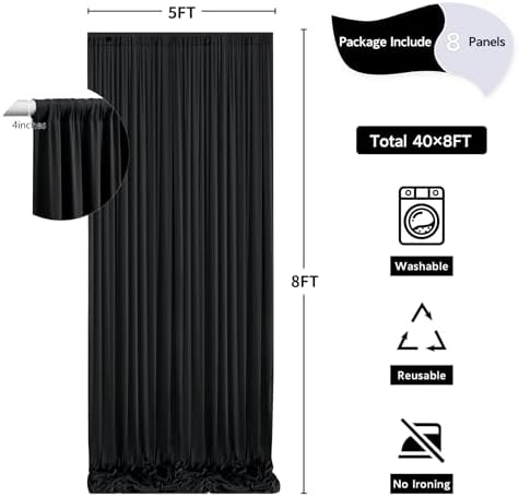 40 ft x 8 ft Black Backdrop Curtain for Parties, 8 Panels 5 ft x 8 ft Wrinkle Free Polyester Photo Black, alternate view 3