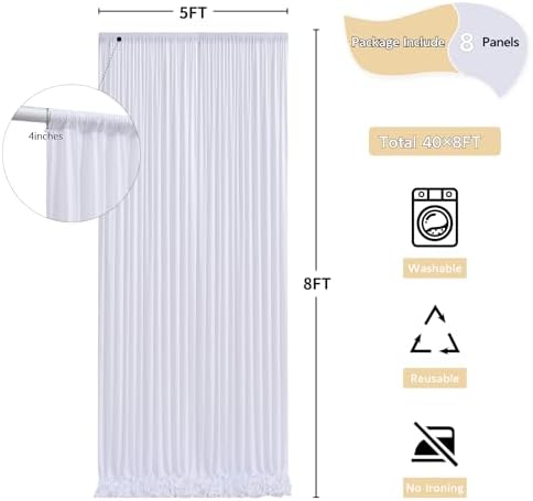 40 ft x 8 ft White Backdrop Curtain Drapes for Wedding Parties, 8 Panels 5 ft x 8 ft Wrinkle Free Polyester, alternate view 3