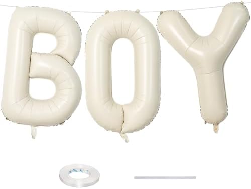 40 Inch Beige BOY Balloons, Large Cream White Sand BOY Balloon Letters with Ribbon, Ivory Alphabet Boy Balloon
