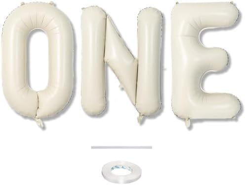 40 Inch Beige One Balloons for 1st Birthday, Cream White Sand One Balloon Letters with Ribbon, Neutral Ivory