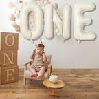 40 Inch Beige One Balloons for 1st Birthday, Cream White Sand One Balloon Letters with Ribbon, Neutral Ivory, alternate view