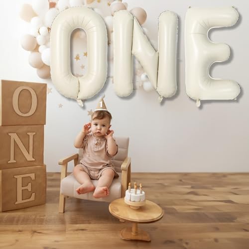 40 Inch Beige One Balloons for 1st Birthday, Cream White Sand One Balloon Letters with Ribbon, Neutral Ivory, alternate view