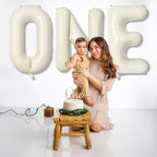 40 Inch Beige One Balloons for 1st Birthday, Cream White Sand One Balloon Letters with Ribbon, Neutral Ivory, alternate view