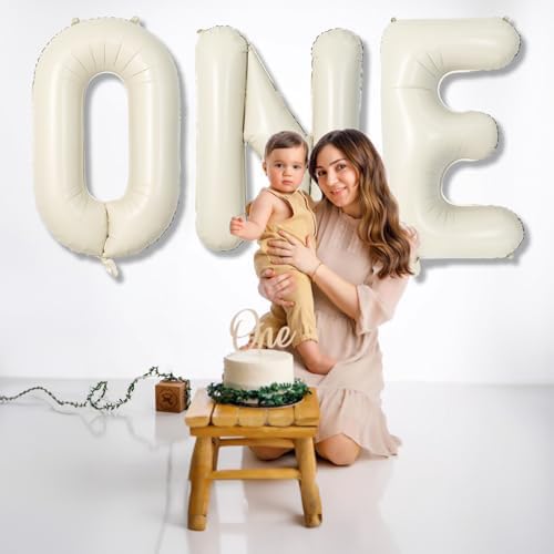 40 Inch Beige One Balloons for 1st Birthday, Cream White Sand One Balloon Letters with Ribbon, Neutral Ivory, alternate view