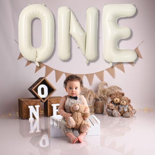 40 Inch Beige One Balloons for 1st Birthday, Cream White Sand One Balloon Letters with Ribbon, Neutral Ivory, alternate view