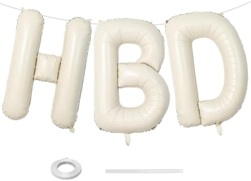 40 Inch Cream HBD Balloons for Boho Birthday Party Decorations, Giant Beige HBD Letter Foil Mylar Balloon Banner