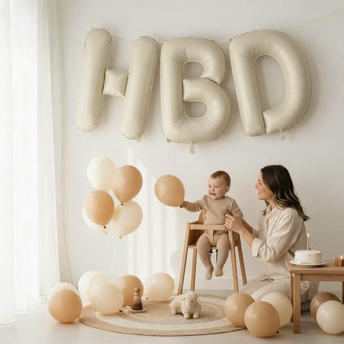 40 Inch Cream HBD Balloons for Boho Birthday Party Decorations, Giant Beige HBD Letter Foil Mylar Balloon Banner, alternate