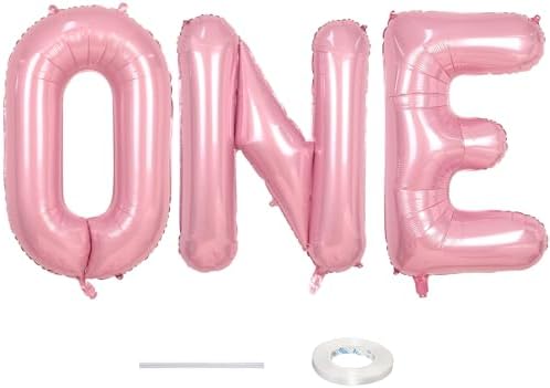 40 Inch Pastel Pink ONE Balloon for 1st Birthday - Light Pink Letters With Ribbon - Baby Pearl Alphabet for