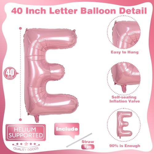 40 Inch Pastel Pink ONE Balloon for 1st Birthday - Light Pink Letters With Ribbon - Baby Pearl Alphabet for, alternate view 2