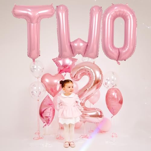 40 Inch Pastel Pink TWO Letter Balloons, Light Pink TWO Balloon Letters with Ribbon, Pearl Pink Alphabet TWO, alternate view