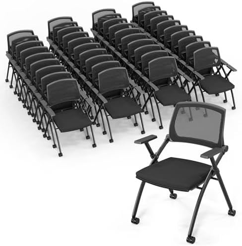 40 Pack Stackable Conference Room Chairs with Wheels, Folding Office Chair with Rebound Back, Padded Seat for