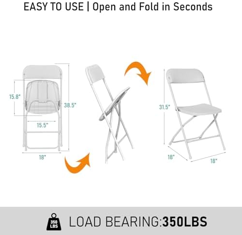 40 Pack White Plastic Folding Chairs, Steel Frame,350lb, alternate view 3