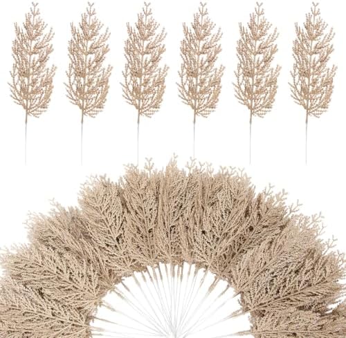 40 Pcs Gold Glitter Artificial Cedar Stems, Christmas Tree Picks