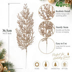 40 Pcs Gold Glitter Artificial Cedar Stems, Christmas Tree Picks, alternate view 3