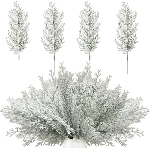40 Pcs Snow Frosted Cedar Branches, Artificial Christmas Picks